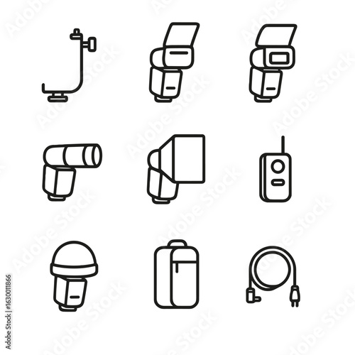 Flash Unit Accessories Icons. Outline icon set of flash unit accessories: flash bracket, bounce card, gel filter, snoot, softbox,