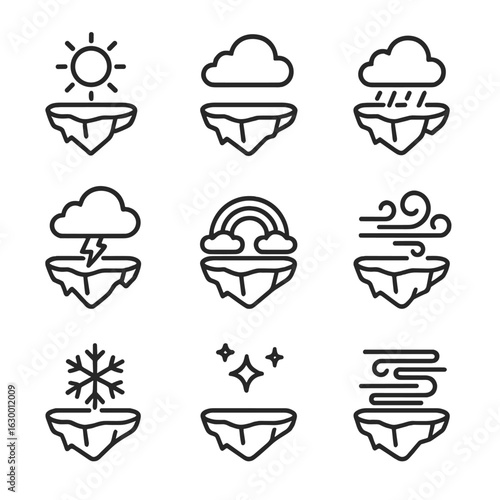 Floating Island Icon Set. Outline icon set of floating island weather: sun, cloud, rain shower, lightning bolt, rainbow, wind gust