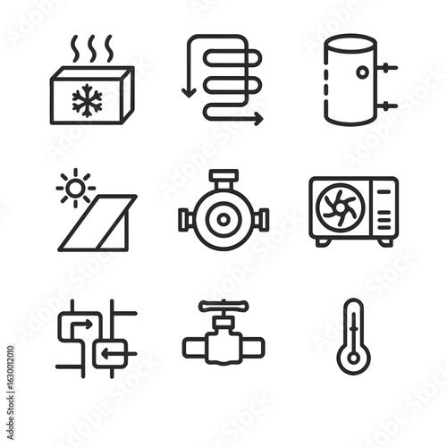 Thermal Energy Icons. Outline icon set of thermal energy storage systems: phase change material block, heat exchanger coil,