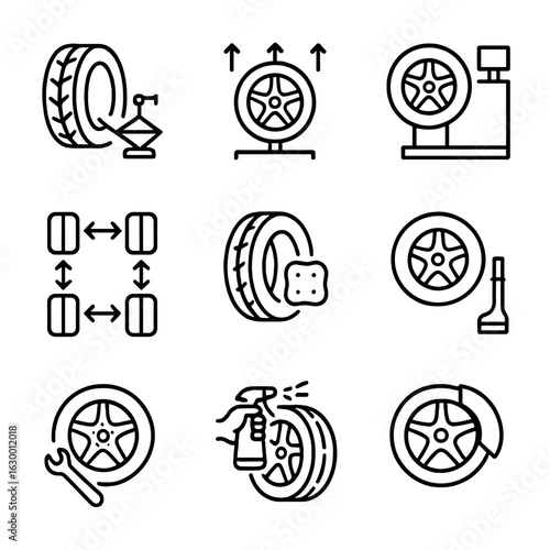 Wheel Repair Icons. Outline icon set of wheel repair and replacement: tire change, wheel alignment, wheel balancing, tire rotation