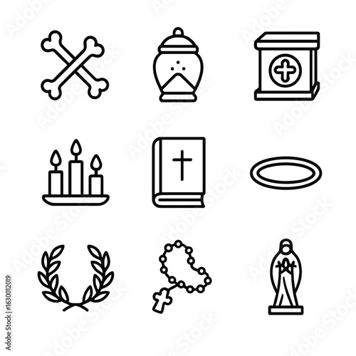 Martyr Relics Icons. Outline icon set of martyr relics: bones, ashes, relic box, candles, prayer book, halo, rosary, laurel wreath