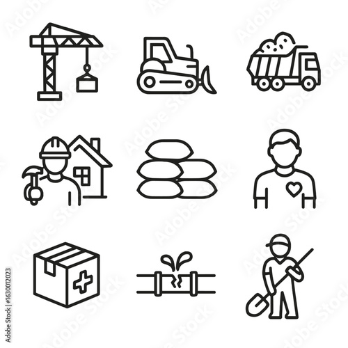 Flood Recovery Icons. Outline icon set of flood recovery: construction crane, bulldozer, debris removal, rebuilding house, sandbag