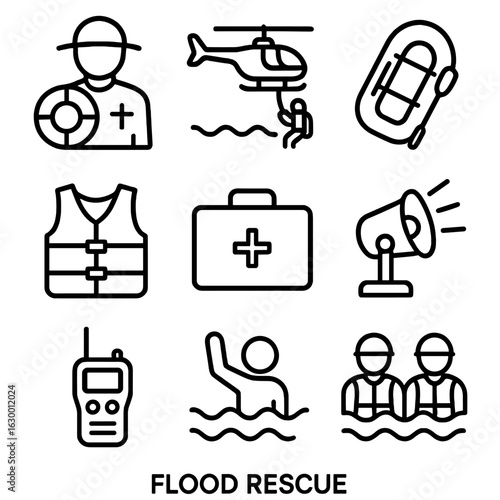Flood Rescue Icons. Outline icon set of flood rescue: lifeguard, helicopter rescue, raft, life jacket, emergency medical kit,