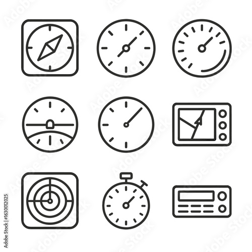 Flight Instrument Icons. Outline icon set of flight log instruments: compass, altimeter, airspeed indicator, attitude indicator,