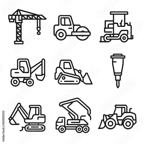 Construction Equipment Icons. Outline icon set of construction equipment: tower crane, road roller, asphalt