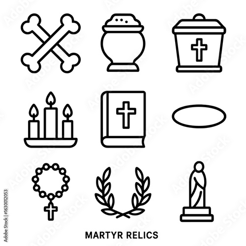 Martyr Relics Icons. Outline icon set of martyr relics: bones, ashes, relic box, candles, prayer book, halo, rosary, laurel wreath