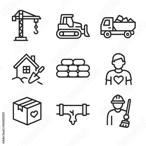 Flood Recovery Icons. Outline icon set of flood recovery: construction crane, bulldozer, debris removal, rebuilding house, sandbag