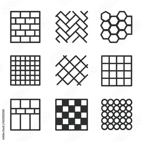 Tile Pattern Icons. Outline icon set of tile patterns and grout lines: subway tile, herringbone layout, hexagonal tile, mosaic