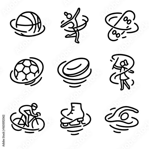 Whirl Movement Icons. Outline icon set of whirl movement in sports: spinning basketball, twirling gymnast, rotating skateboard,