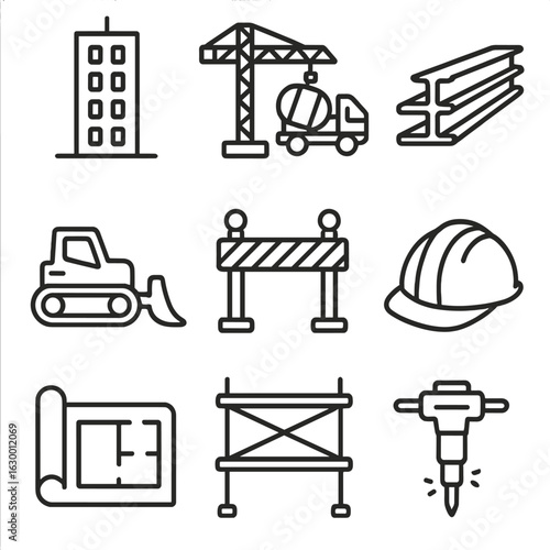 Construction Icons Grid. Outline icon set of heavy construction projects: skyscraper crane, cement mixer,