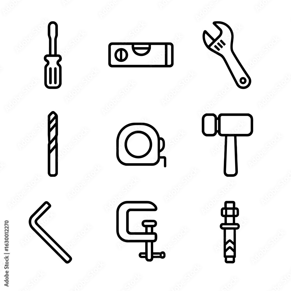 Fototapeta premium Tool Icon Set. Outline icon set of installation and adjustment tools: screwdriver, spirit level, adjustable wrench, drill bit,