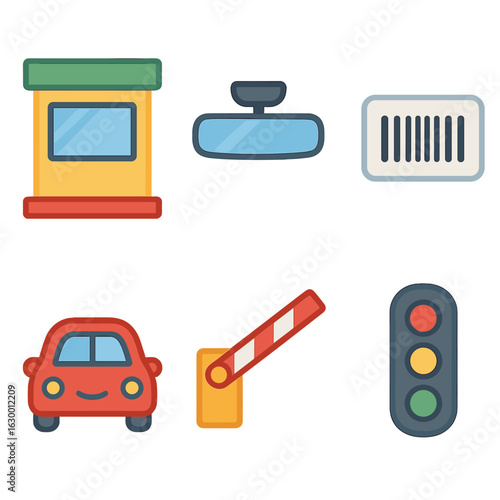 Toll Booth Scanning. Flat vector mini-illustrations of toll booth barcode scanning in progress in colors children’s illustrations: