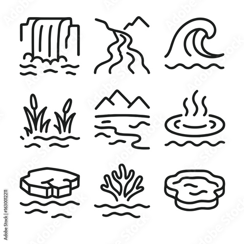 Wild Water Icons. Outline icon set of wild water bodies: roaring waterfall, raging river, ocean wave, swamp water, mountain lake,
