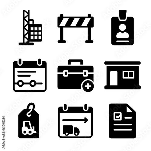 Construction Site Icons. Solid, filled icons set of high-rise site logistics: material hoist, construction
