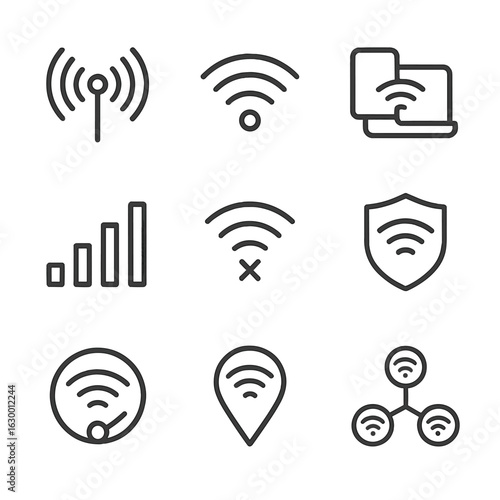 Wi-Fi Icon Set. Outline icon set of wireless internet: Wi-Fi antenna, Wi-Fi network, device connection, signal strength, Wi-Fi