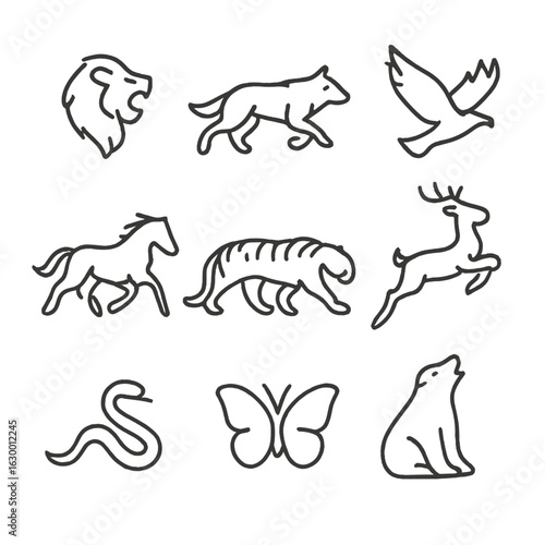 Wildlife Icon Grid. Outline icon set of untamed wildlife: roaring lion, running wolf, soaring eagle, wild horse, prowling tiger,