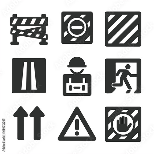 Construction Site Icons. Solid, filled icons set of construction site floor markings: caution tape, no entry