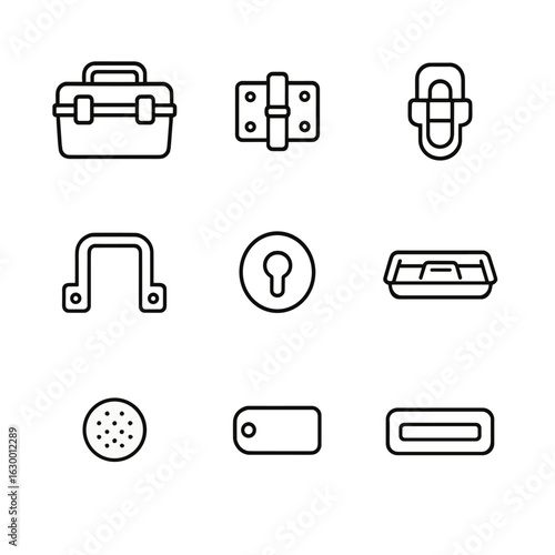Toolbox Hardware Icons. Outline icon set of toolbox hardware components: toolbox base, lid hinge, main latch, side clasp, handle