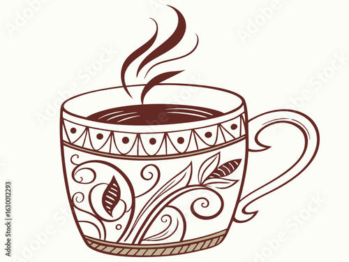 Vibrant coffee mug with colorful beans design, perfect for branding. A stylized illustration of a coffee mug filled with steaming coffee, featuring a vibrant pattern of coffee beans in various colors.