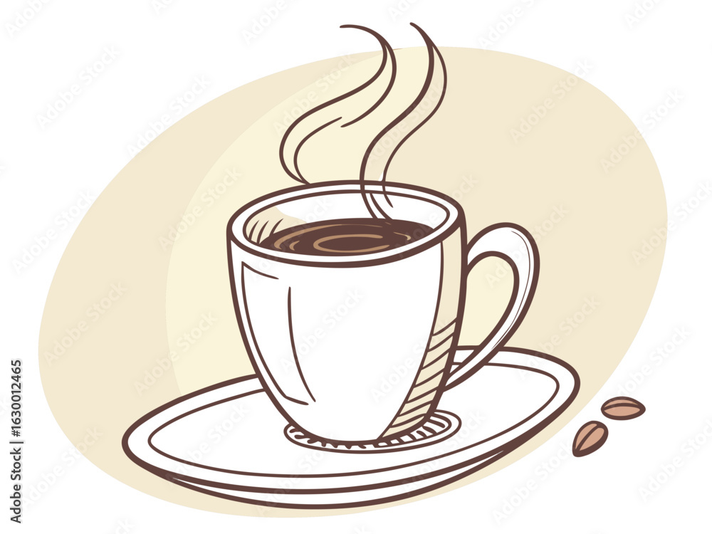 Obraz premium Vibrant coffee mug with colorful beans design, perfect for branding. A stylized illustration of a coffee mug filled with steaming coffee, featuring a vibrant pattern of coffee beans in various colors.