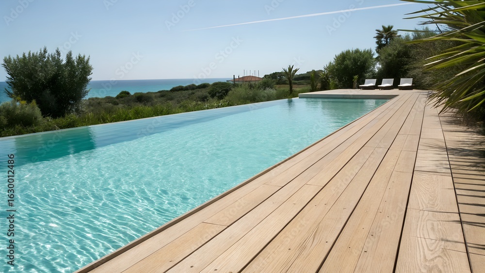 Obraz premium Sleek wooden deck edge beside shimmering swimming pool with turquoise water
