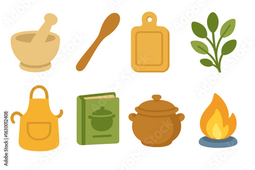 Traditional Cooking Icons. Flat vector mini-illustrations traditional cooking classes in colors children's illustrations: mortar