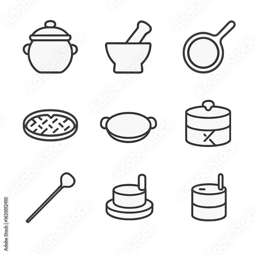 Traditional Cooking Icon Set. Outline icon set of traditional cooking utensils: clay pot, mortar and pestle, wooden spoon, cast