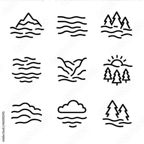 Foggy Landscape Icons. Outline icon set of foggy landscapes: misty mountain, low lying fog, foggy forest, fog over lake, foggy