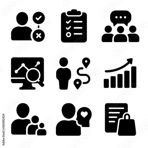 Consumer Behavior Icons. Solid, filled icons set of Consumer behavior analysis: buying decision, survey form,