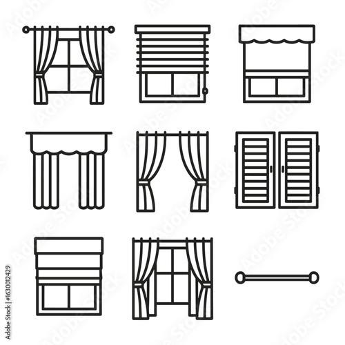 Window Treatments Icons. Outline icon set of window treatments: open curtains, blinds, shades, valances, drapes, shutters, roman