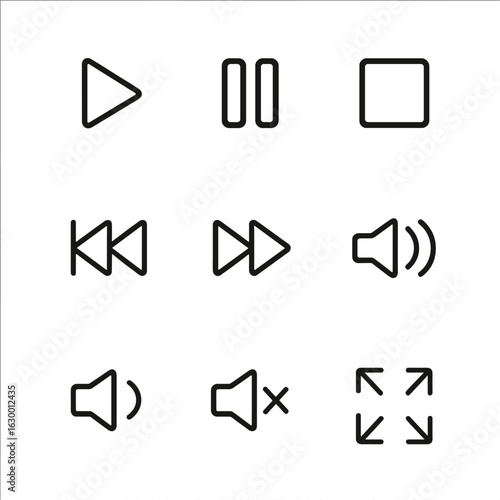 Media Control Icons. Outline icon set of interface media controls: play, pause, stop, rewind, fast forward, volume up, volume down