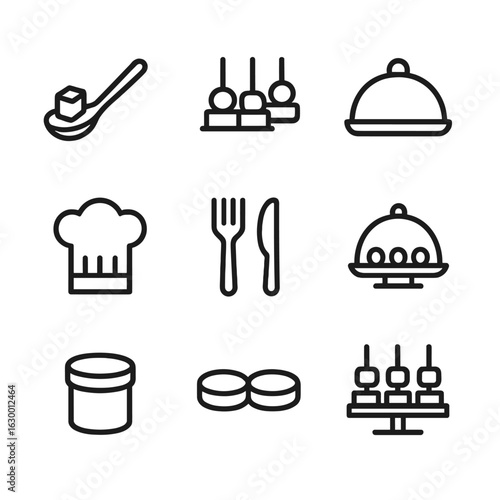 Food Icon Set. Outline icon set of food samples: tasting spoon, bite-sized food, platter, chef’s hat, fork and knife, food tray,