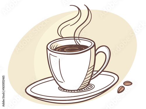 Vibrant coffee mug with colorful beans design, perfect for branding. A stylized illustration of a coffee mug filled with steaming coffee, featuring a vibrant pattern of coffee beans in various colors.