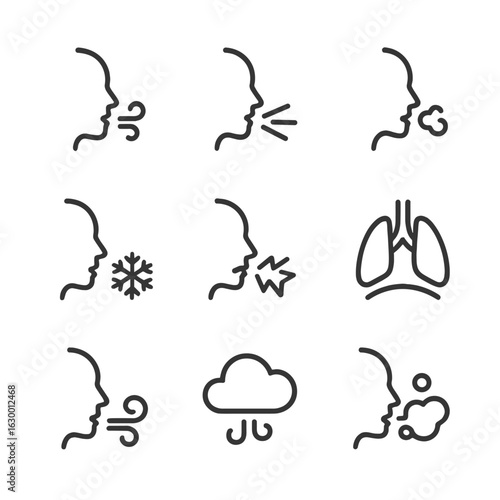 Winter Breath Icons. Outline icon set of winter breath: visible breath, frosty air, cold exhale, snowflake breath, icy vapor,