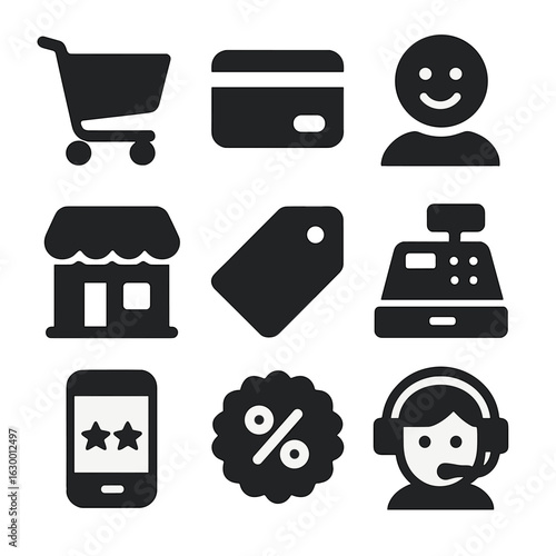 Consumer Confidence Icons. Solid, filled icons set of Consumer confidence: shopping cart, credit card, happy
