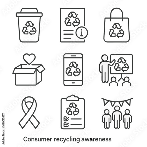 Consumer Recycling Icons. Outline icon set of consumer recycling awareness: recycling bin, information poster,