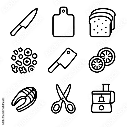 Food Preparation Icons. Outline icon set of food cutting and preparation: chef’s knife, cutting board, sliced bread, chopped