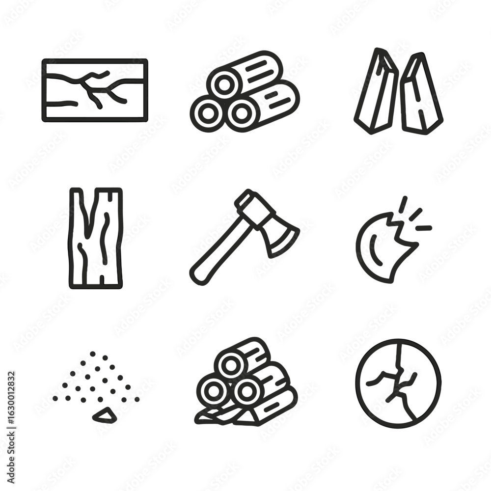 Fototapeta premium Woodworking Icon Set. Outline icon set of crackling wood: wooden plank, log pile, split wood, tree bark, axe, wood chip, sawdust,