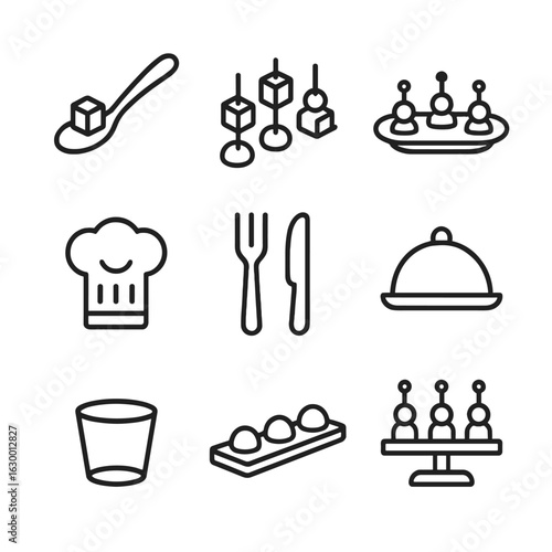 Food Icon Set. Outline icon set of food samples: tasting spoon, bite-sized food, platter, chef’s hat, fork and knife, food tray,