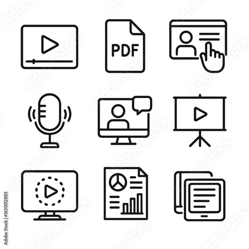 Content Delivery Icons. Outline icon set of content delivery methods: video, PDF, interactive module, podcast,