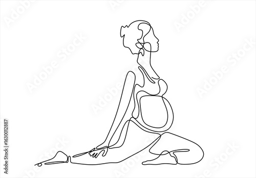 One continuous single drawing line art flat doodle woman, yoga, exercise, pregnant, sport, virabhadrasana, asana. Isolated image hand draw contour on a white background, hand drawn. Hand drawn 