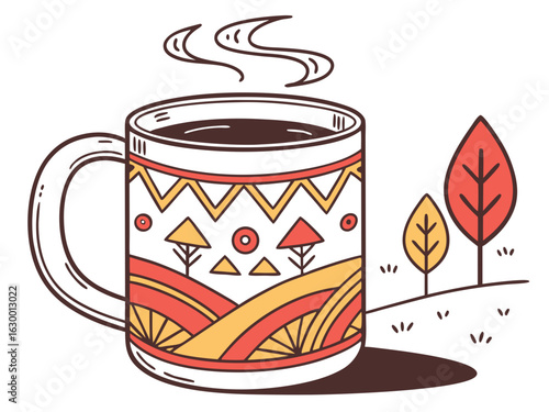 Vibrant coffee mug with colorful beans design, perfect for branding. A stylized illustration of a coffee mug filled with steaming coffee, featuring a vibrant pattern of coffee beans in various colors.