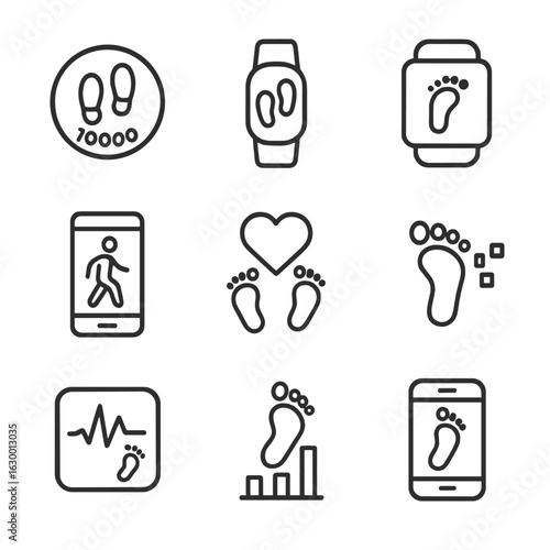 Footsteps Tech Icons. Outline icon set of footsteps in technology and apps: step counter, fitness tracker, pedometer, walking app,