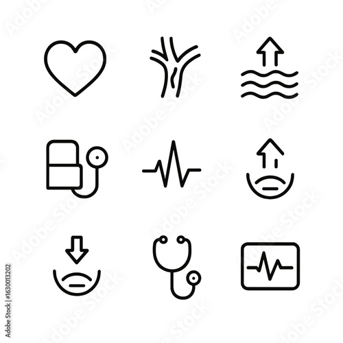Blood Pressure Icon Set. Outline icon set of blood pressure: heart, blood vessel, blood flow, cuff, pulse, hypertension,