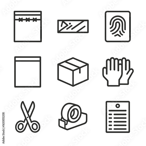 Forensic Packaging Icons. Outline icon set of forensic packaging: sealed bag, evidence tape, fingerprint label, ziplock bag,