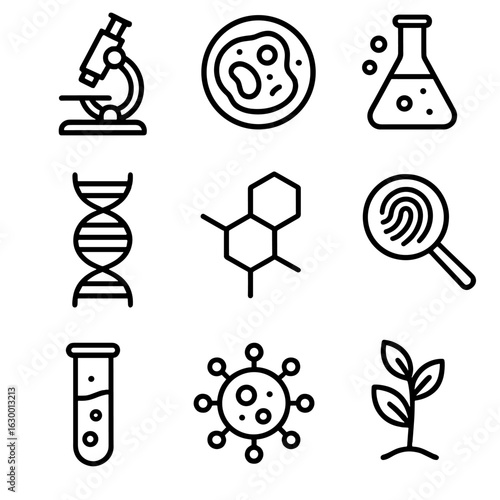Microscope Research Icons. Outline icon set of microscope research fields: biology, microbiology, chemistry, genetics, materials