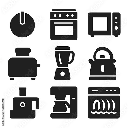 Cooking Appliances Icons. Solid, filled icons set of cooking appliances: oven knob, stove top, microwave,