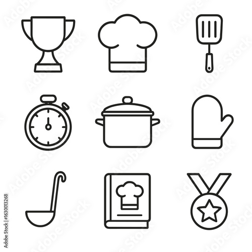 Cooking Competition Icons. Outline icon set of cooking competitions: trophy, chef hat, spatula, timer, cooking