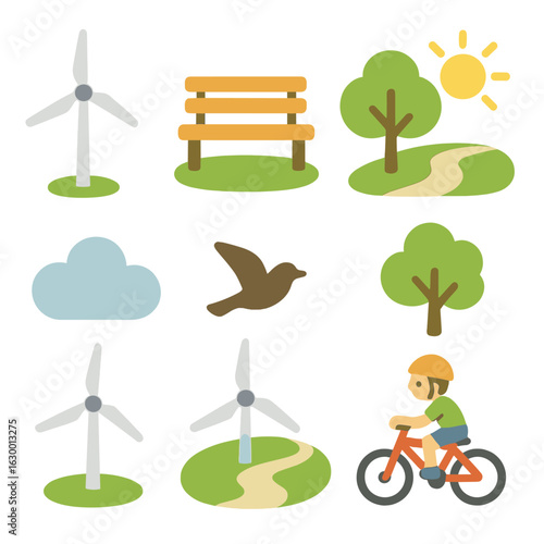 Urban Park Wind Turbines. Flat vector mini-illustrations wind turbines in urban parks in colors children's illustrations: wind