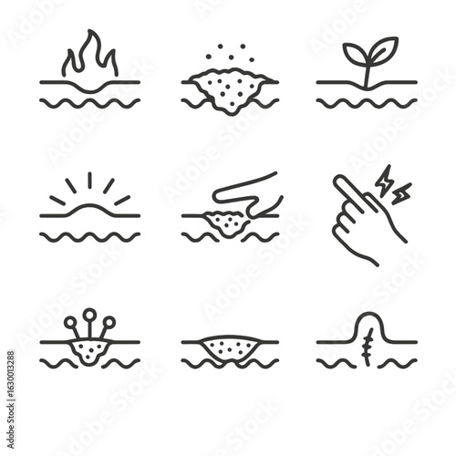 Wound Healing Stages Icons. Outline icon set of wound healing stages: inflammation, scab formation, tissue regeneration, redness,
